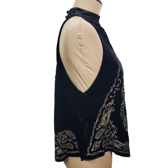 SOLD Free People Black Velvet Gold Embroidered Bandana Top Sz L - Picture 5 of 12